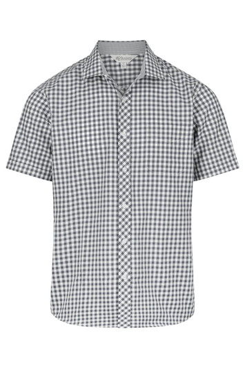 A short sleeve button-up shirt with a grey and white checkered pattern, featuring a collar and a logo.