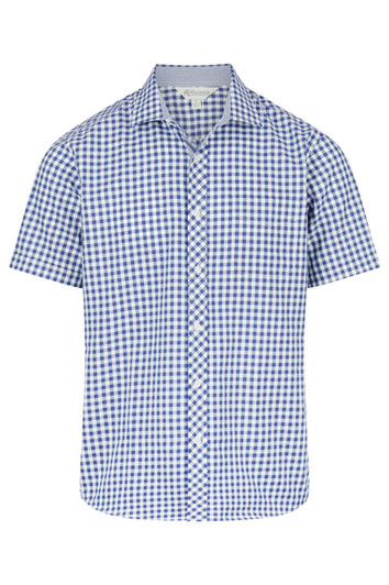 A short sleeve button-up shirt in blue and white gingham pattern, featuring a logo on the chest.