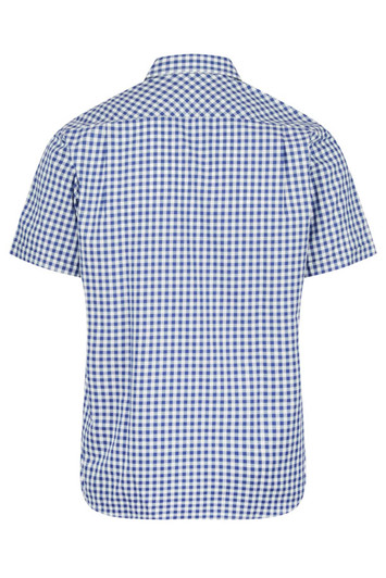 A short sleeve button-up shirt in a blue and white checkered pattern with a plain back view. It features a logo.