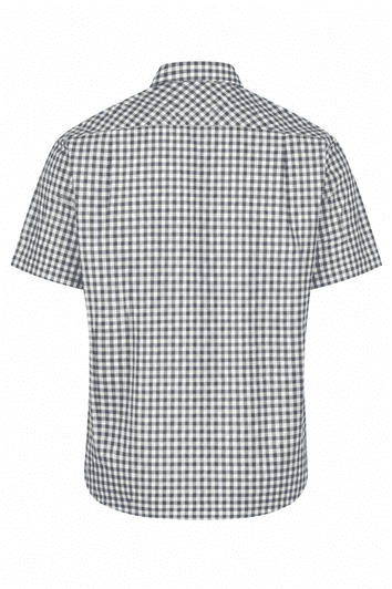 Short-sleeve button-up shirt in a grey and white checkered pattern with a collar and a branding logo.
