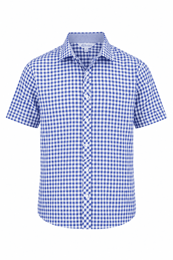A short-sleeve button-up shirt in a blue and white checkered pattern with a collar and branded logo.