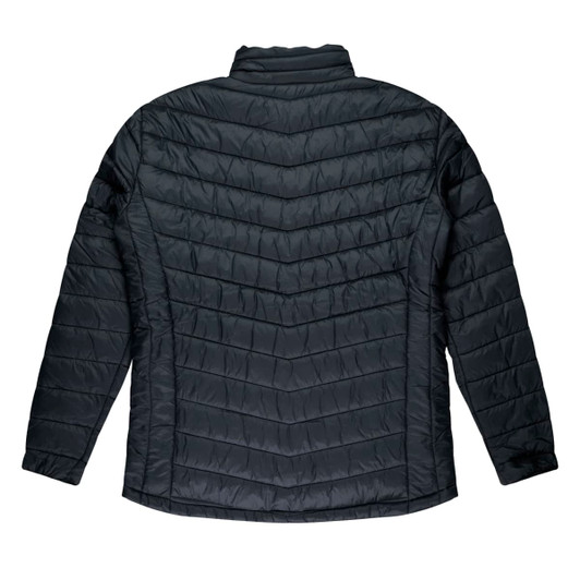 A black jacket with a chevron pattern, featuring a high collar and long sleeves. It has a logo on the back.