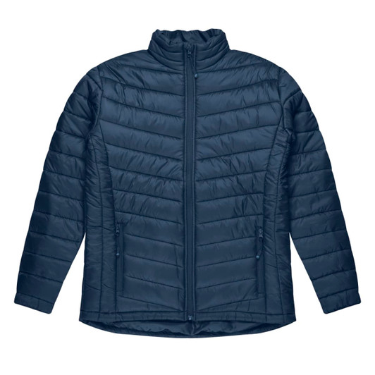 A navy blue puffer jacket featuring a high neck, zip front, and side pockets, with branding on the chest.