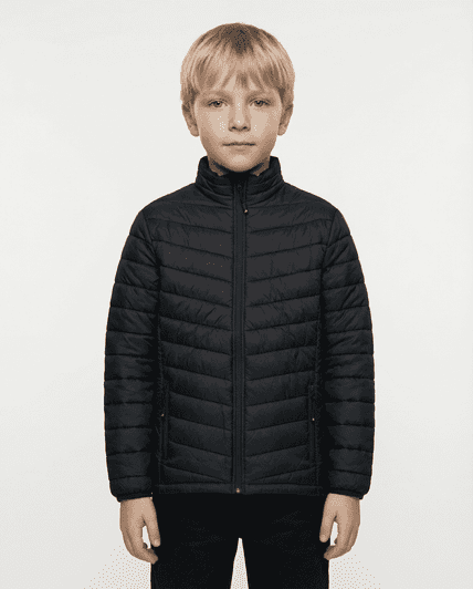 A black puffer jacket designed for kids, featuring a zip-up front and a stand collar.