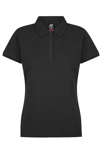 A black polo shirt for women with a collared neckline and three buttons, featuring a logo on the inside.