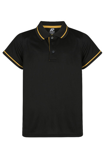 A black polo shirt featuring contrasting yellow trim and a buttoned placket, with a logo on the collar.