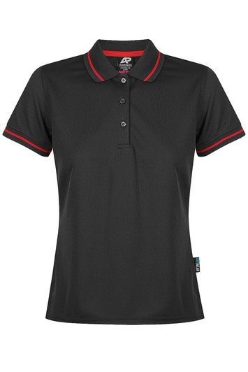 A black polo shirt with red trim, featuring a collar and button closure, along with a logo on the design.