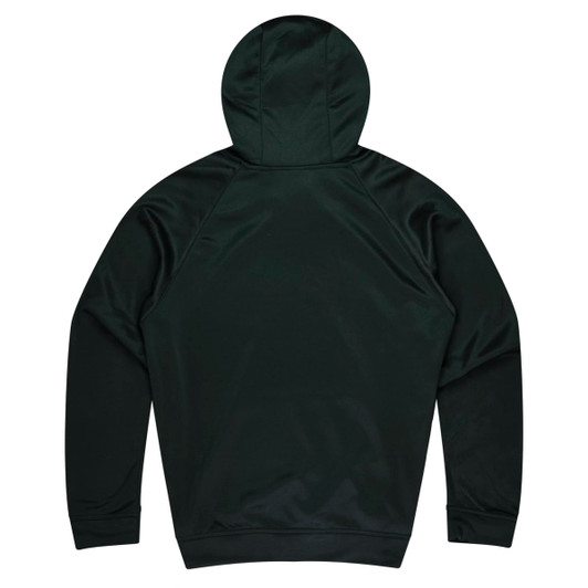 A dark green hoodie featuring a smooth fabric and a hood, with a plain back design.