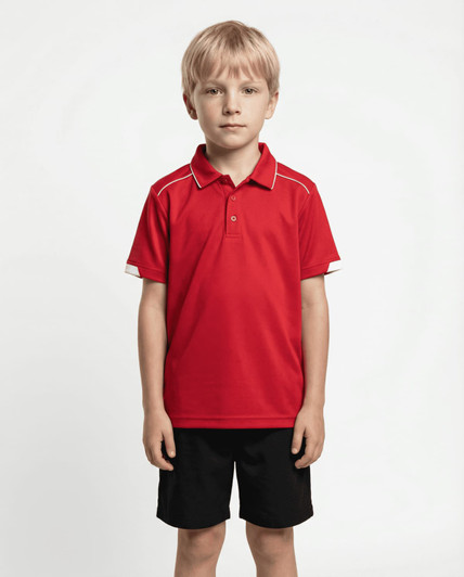 A red polo shirt with contrasting details, designed for kids, displayed on a young child wearing black shorts.