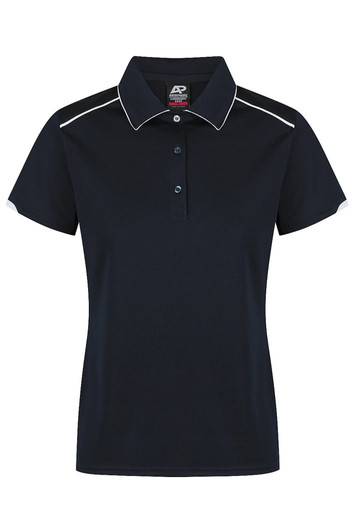 A navy blue polo shirt featuring a collar, buttons, and contrasting white accents. It has a brand logo.