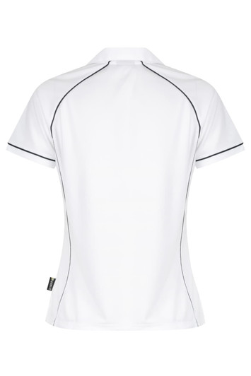 A white polo shirt featuring contrast stitching and a logo. The design includes a classic collar and short sleeves.