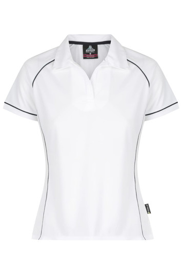A white polo shirt with black piping, featuring a collar and a logo. Designed for women's wear.