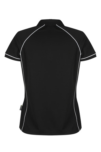 A black polo shirt featuring white piping, designed for women, with a logo.