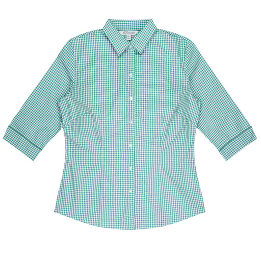 A green and white checked button-up shirt with 3/4 sleeves and a collar. It features a logo.