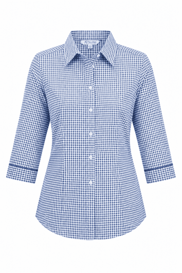 A blue and white checked button-up shirt with 3/4 sleeves and a collar, featuring branding.