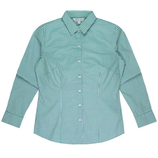 A green and white check button-up long sleeve shirt with a collar. It features a branding logo.