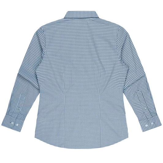 A long sleeve button-up shirt in a blue and white checkered pattern, featuring a collar and cuffed sleeves.
