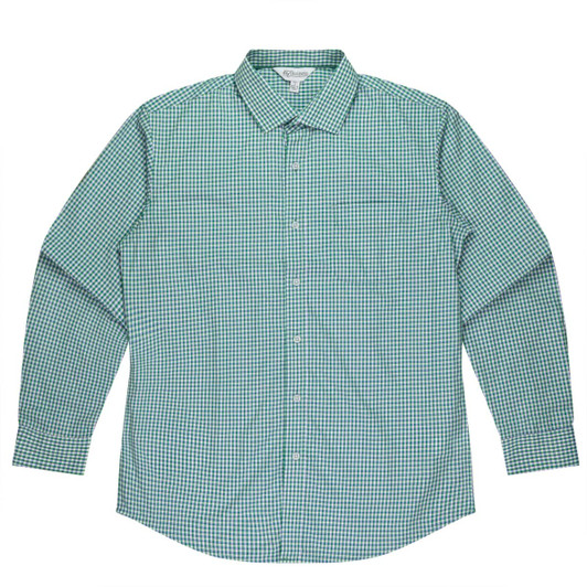 A long-sleeve button-up shirt featuring a green and white checked pattern, with a collar and a chest pocket.