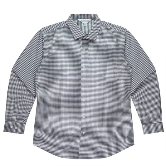 A long sleeve button-up shirt featuring a checkered pattern in shades of black and white. It has a collar and cuffs.