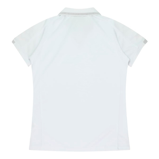 A white polo shirt featuring short sleeves and a simplistic design with a branding logo on the back.