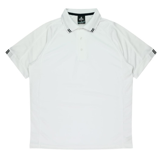 A white polo shirt featuring a classic collar and contrasting black stripes on the sleeves, with a logo on the chest.