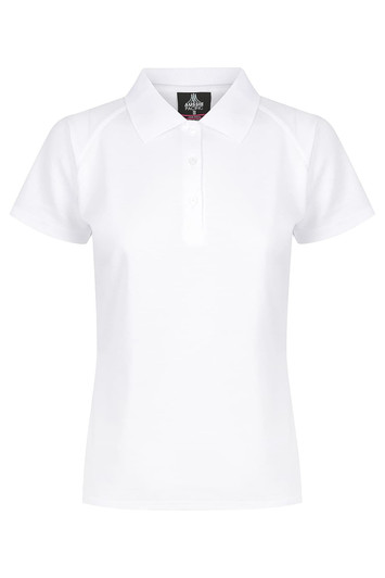 A white polo shirt with a classic collar and a small logo on the chest. Short sleeves and a fitted style.