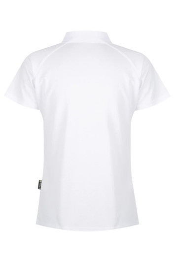 A white polo shirt with short sleeves and a collar, featuring a logo on the side.