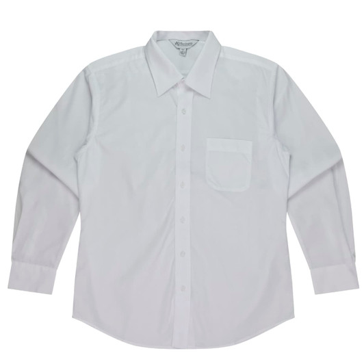 A long sleeve white button-up shirt with a single chest pocket and a logo on the collar.
