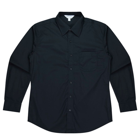 A long-sleeve button-up shirt in black with a chest pocket and a collar. Features a logo.