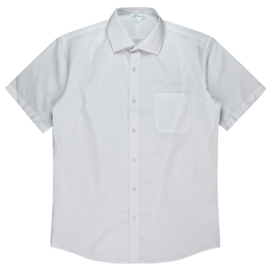 A short sleeve button-up shirt in light grey with a chest pocket and a logo.