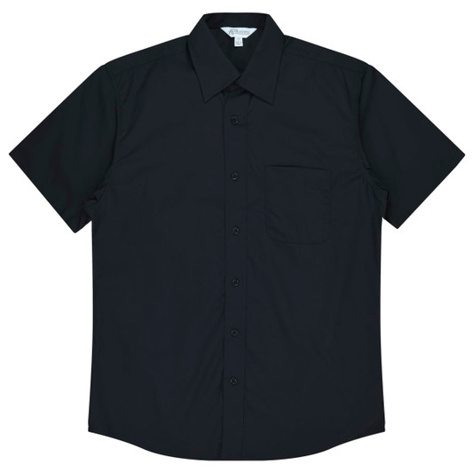 A short sleeve button-up shirt in black, featuring a front pocket and a classic collar. The shirt has a logo.