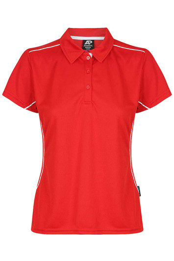 A red polo shirt with a collar, short sleeves, and white trim, featuring a logo on the upper area.