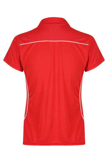 A red polo shirt with a collared neckline and white piping details, featuring a logo.