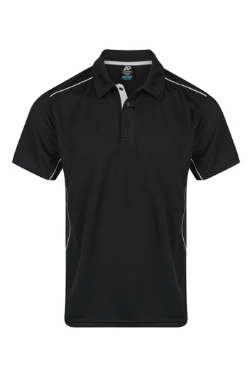 A black men's polo shirt with white accents and a logo on the chest, featuring a classic collar and short sleeves.