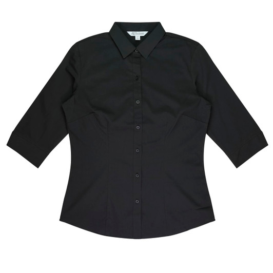 A black 3/4 sleeve button-up shirt with a fitted silhouette and a collar, featuring a logo.