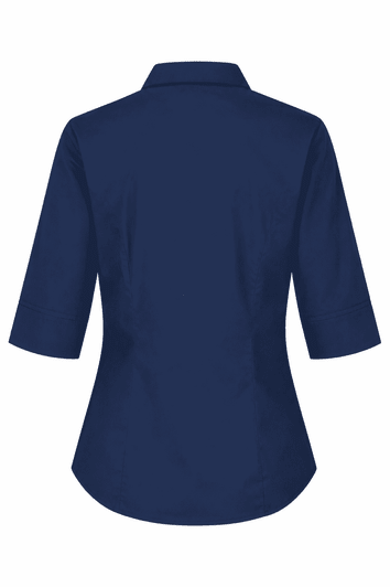 A navy blue button-up shirt with 3/4 sleeves and a fitted silhouette, featuring a collar and a logo.