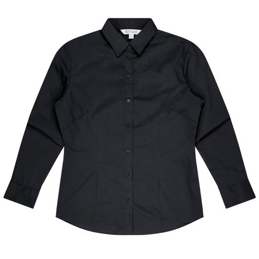 A long sleeve black button-up shirt, featuring a classic collar and a fitted design. The shirt also has a logo.