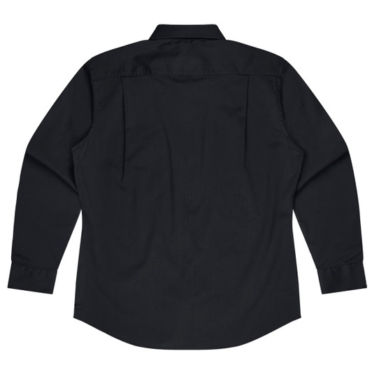A long-sleeve button-up shirt in black, featuring a classic collar and back pleats, with a logo on the fabric.