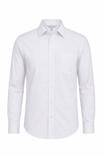 A long-sleeve button-up shirt in white with a pocket and a collar. It features a logo brand.
