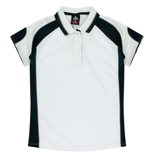 A white polo shirt with black accents and short sleeves, featuring a collar and buttons. It has a logo.