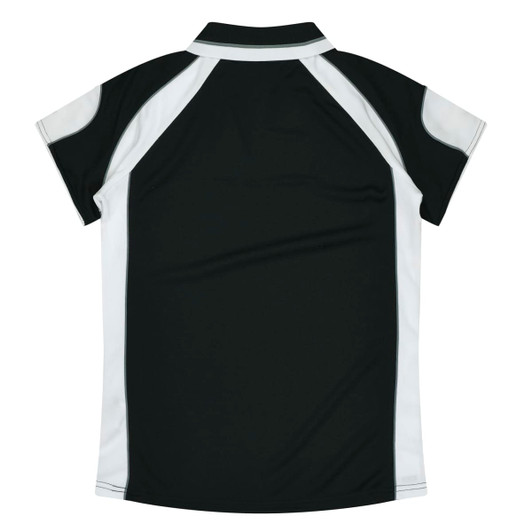 A black and white polo shirt featuring a contrasting design and a collar, with a logo on the chest area.