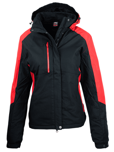 A black and red women's jacket with a hood, featuring a zippered pocket and a logo on the chest.