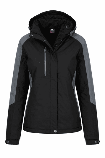 A black and grey jacket with a hood, featuring zip pockets and a logo. Suitable for various weather conditions.
