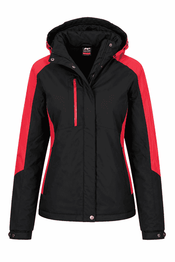 A black and red jacket with a hood, featuring a zippered pocket and a logo.