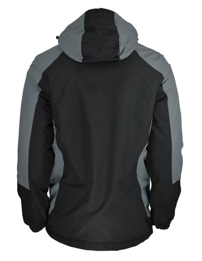 A men's jacket featuring a predominantly black design with grey accents and a hood, showcasing the back view.