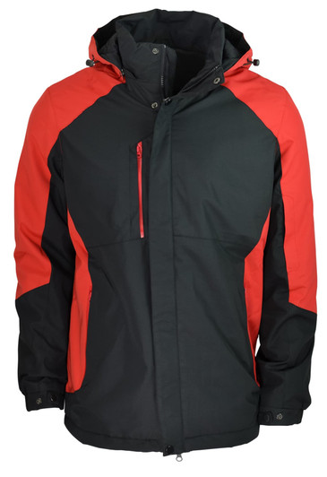 Men's jacket in black and red, featuring a hood and zippered pockets. The design includes a logo.