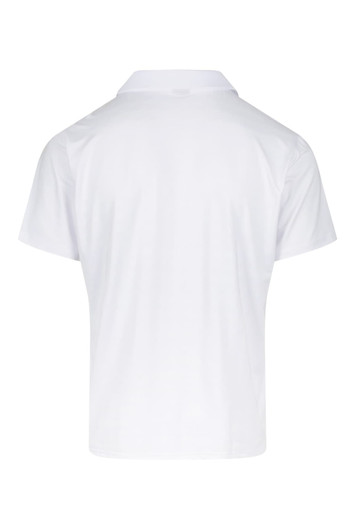 A white polo shirt featuring a classic collar and short sleeves, with a logo on the back.