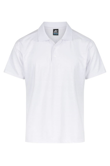 A white polo shirt featuring a collar and three buttons, with a logo on the label.