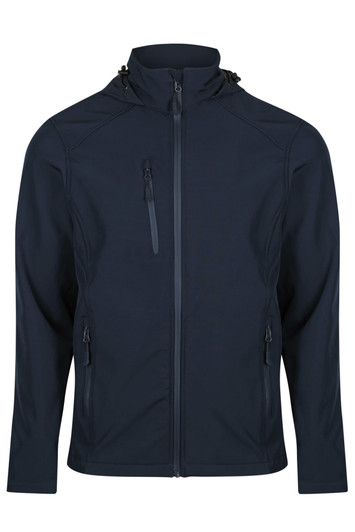 A dark navy jacket featuring a zip front, two front pockets, and an adjustable hood. It has a logo on it.