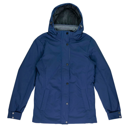 A navy blue jacket with a hood and snap buttons, featuring a lined interior and a logo on the sleeve.